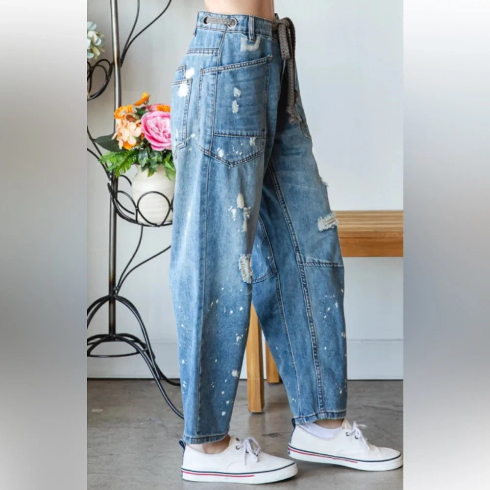 π€392 OLI & HALI 1 left β¬οΈβ¬οΈWASHED DRAWSTRING WAIST
DISTRESSED DENIM JEANS - Picture 1 of 6